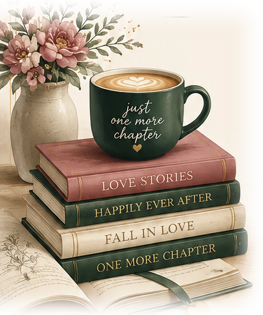 A dark green mug reading 'just one more chapter' resting on a stack of romance novels beside a vase of pink blooms